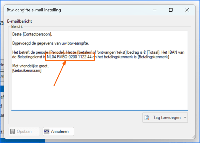 Btw-aangifte e-mailtekstbericht iban aanpassen